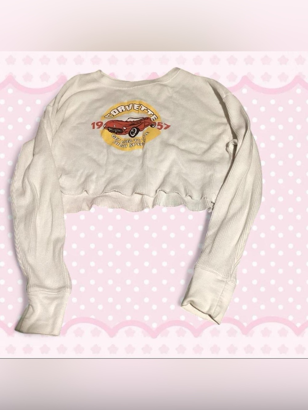 Corvette Graphic Cream Cropped Thermal Long Sleeve Top